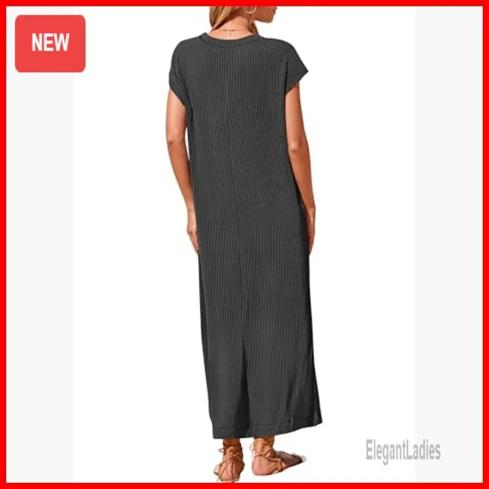 Ribbed Knit Henley Maxi Dress, Short Sleeve, Loose Fit, Beach Vacation